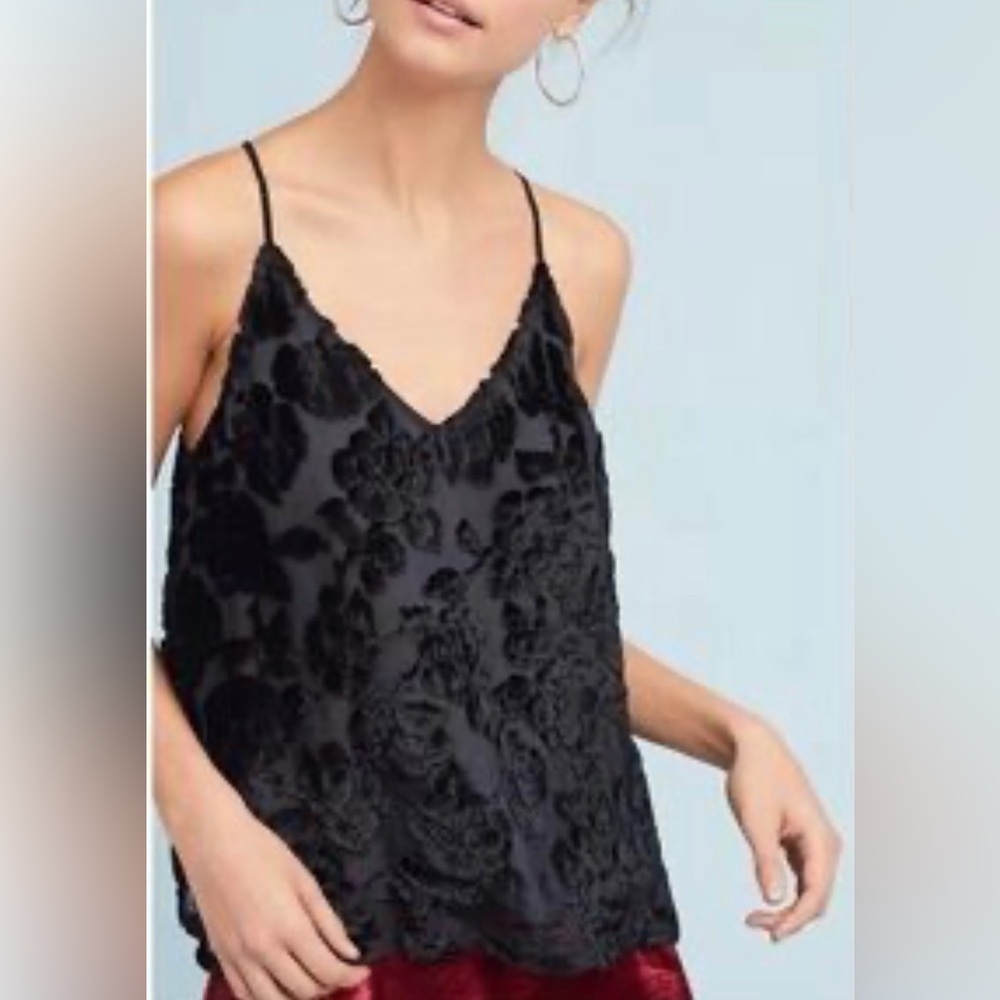 Maeve Anthropologie Black Crushed Velvet Floral Design Tank Top Size 4